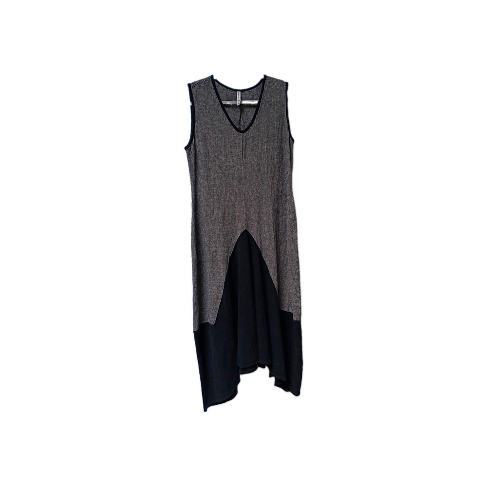 Khangura Linen Sleeveless Midi Dress S Black Textured Asymmetric Bubble Hem